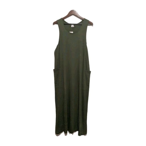 NWT Peruvian Connection L Pima Cotton Tank Dress Jumper Maxi Moss Green Pockets - Picture 1 of 5